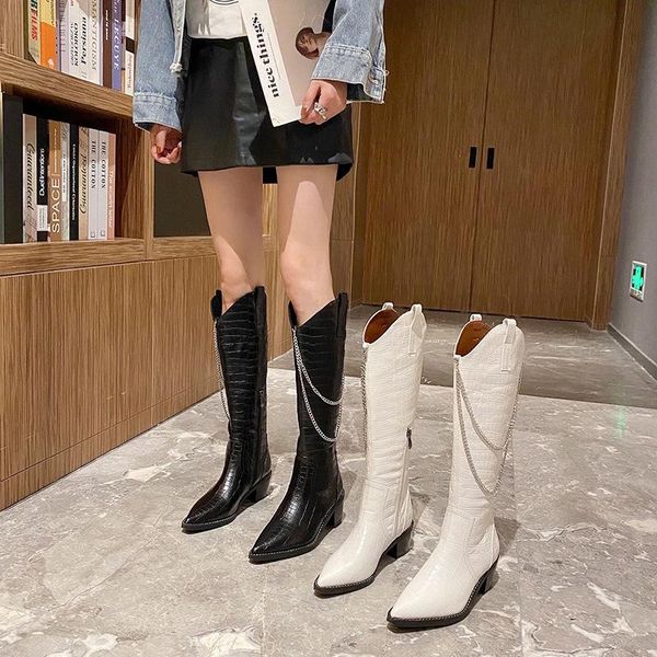 

boots comemore pointed toe women's high heel shoes 2021 fall winter knee-length rider ladies thick white punk gothic 34, Black