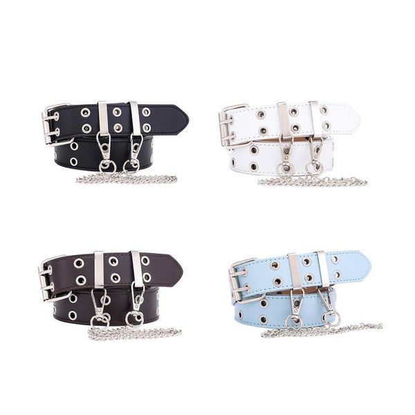 

belts 2021 women belt genuine leather punk style double buckle exhaust eyes ladies korean jeans fashion chain decorative, Black;brown