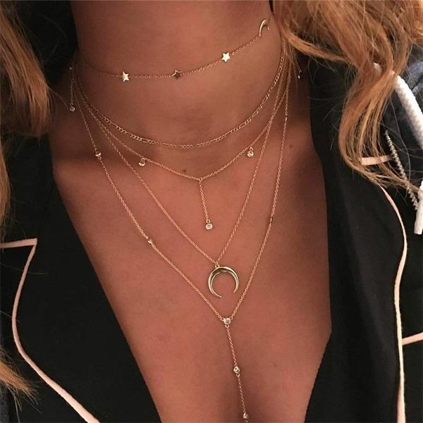 

pendant necklaces 5 pcs/set women fashion star moon crystal beads multilayer necklace bohemian charm beach party jewelry, Silver