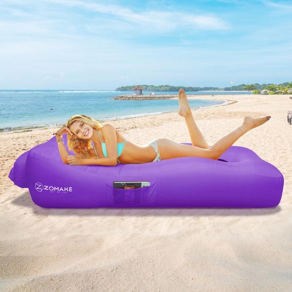 

sleeping bags zomake double layer inflatable lounger couch with pillow, anti-air leaking & portable air sofa hammock for beach, backyard, ca