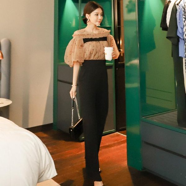 

women's two piece pants two-piece pant sets korean style short lantern sleeve slash neck shirt + high waist thin women clothing woman s, White