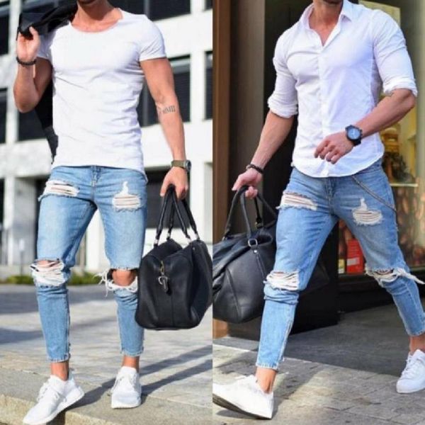 

men's jeans men's european and american fashion broken hole tight contracted atmosphere light color ankle-length, Blue