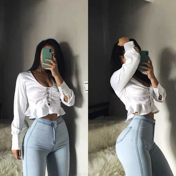 

2000s aesthetic jeans woman high waist tight hip lifting leggings pants elastic female streetwear women 210604, Blue