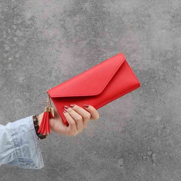 

fashion solid hasp long pu tassel designer money clutch bag card holder wallet girl purses for women, Red;black