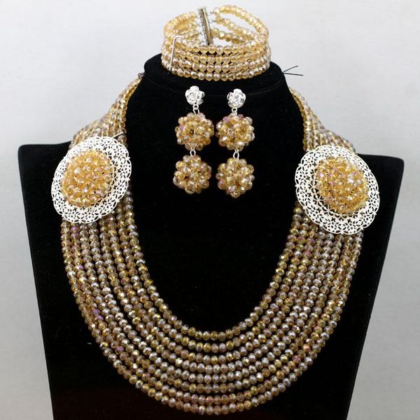 

earrings & necklace nigerian wedding gold crystal beads set party women african bridal ring bracelet accessories handmade qw473, Silver