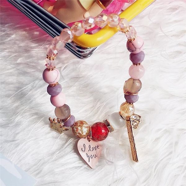 

charm bracelets bohemian heart crown pink crystal gold & bangles for women beads handmade bracelet boho lovers jewelry b521, Golden;silver