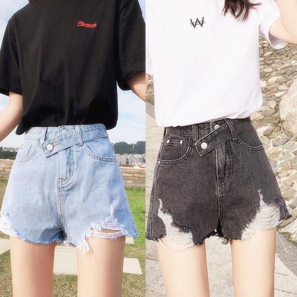 

women's shorts streetwear middle waist destroyed frayed vintage wash fringe hem denim blue jeans mini for ladies women girls, White;black