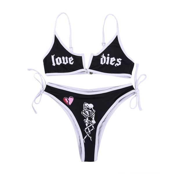 

women's swimwear women swimsuit, letters print summer halter thong 2-piece bathing suit beachwear 2021 beach, White;black