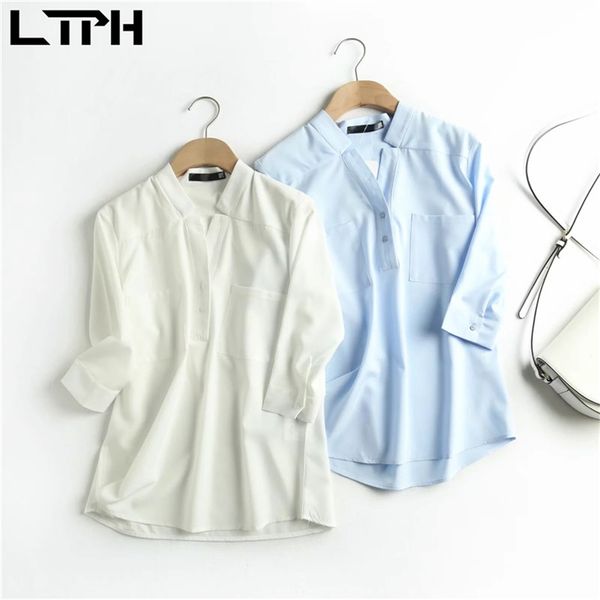 

ltph korean fashion v-neck white shirt collage pockets vintage blouses for women 3/4 sleeve chiffon summer 210423