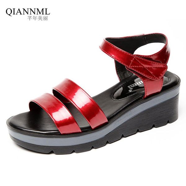 

dress shoes plus size 33-43 bright patent leather sandals women's summer 2021medium heel platform wedges casual beach shoe, Black