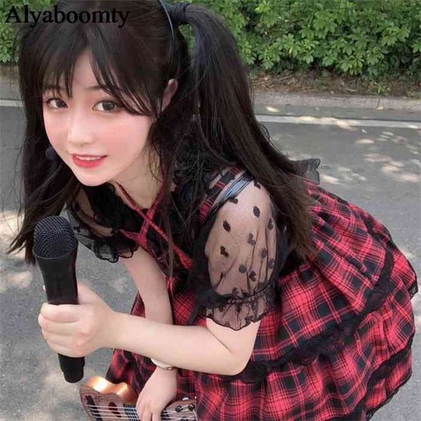 

japanese harajuku summer women streetwear sundress suspenders red plaid bandage dress gothic layered lace ruffles lolita dress, Black;gray