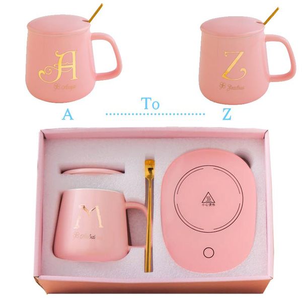 

mugs pink coffee cups set with lid &spoon 220v cn keep warm mat 26 letters custom drinkware cute ceramics mug cup
