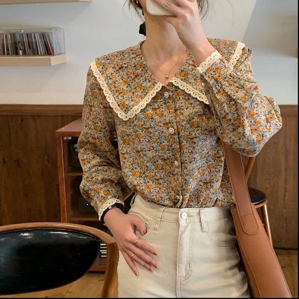 

vintage ruffles ol stylish women shirts lace retro casual printed loose all match office lady, White