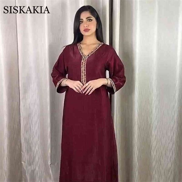 Siskakia Jalabiya Langarm-Maxikleid für Frauen Herbst Neue Dubai Abaya Mode Diamantband V-Ausschnitt Muslimische Arabische Robe 210325