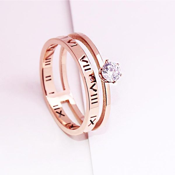 

roman numeral 2 layers cz zirconia ring rose gold color fashion titanium steel jewelry wedding birthday gift woman (gr206) cluster rings, Golden;silver