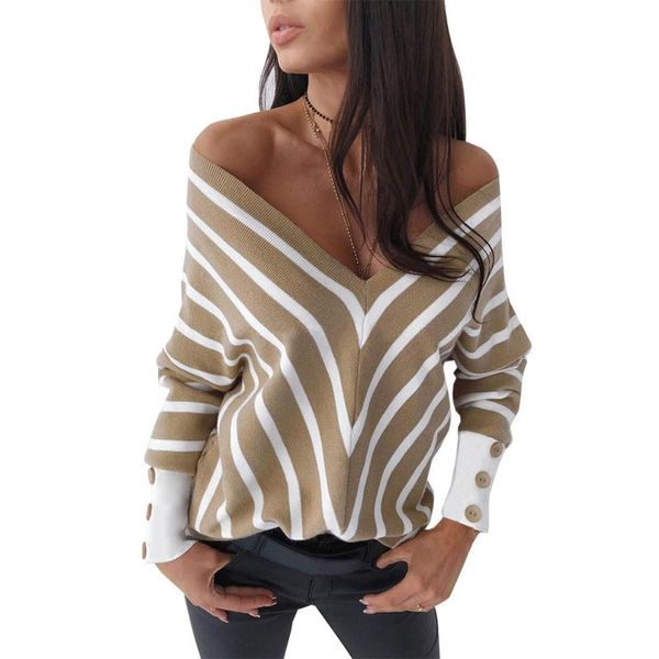 

fall winter women knit sweater striped print pullover long sleeve deep v-neck button off shoulder pull femme women's sweaters, White;black