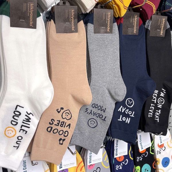 

socks men's kikiya autumn winter style letter tide smiling face, Black