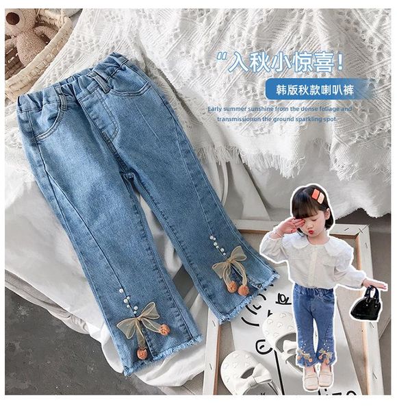 

trousers girls casual jeans 2021 autumn baby girl korean bow flared pants children's all-match elegant cute children, Blue