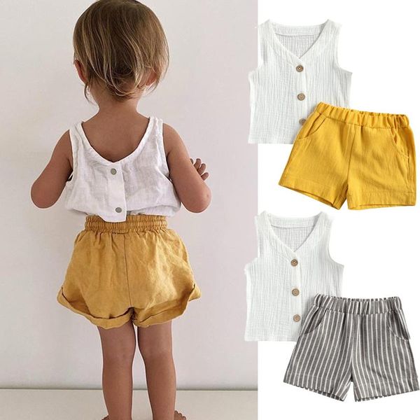 

pudcoco 6m to 4y children solid color sleeveless button and vertical stripe print short pants summer 2-piece suits clothing sets, White