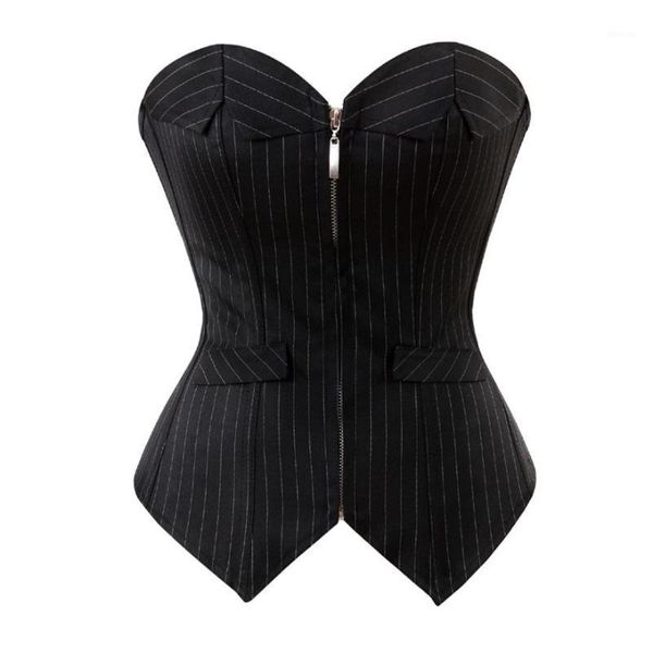 

women striped zipper office professional overbust corset lace up boned corsets bustiers lingerie black plus size, Black;white