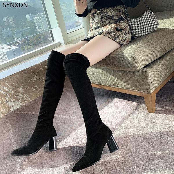 

boots synxdn plush women knee high platform pointed toe classic long botas quality soft leather autumn winter footwear, Black