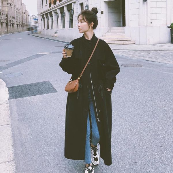 

women's wool & blends autumn and winter 2021 korean hepburn style woolen coat middle long short, Black