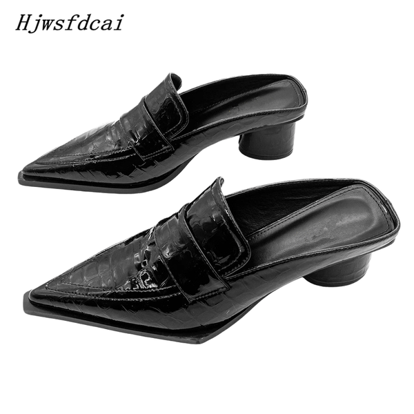 

slippers hjwsfdcai women slipper square med heel slip on mules pointed toe stone pattern sandal autumn female casual slides party shoes, Black