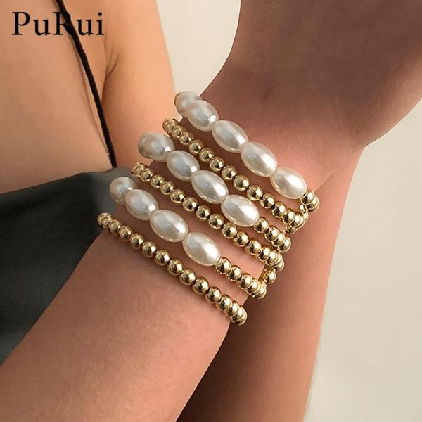 

link, chain vintage gold color ccb bead ball bracelets limitaionl pearl beaded stretchable elastic bracelet for women 6pcs/set beach jewelry, Black