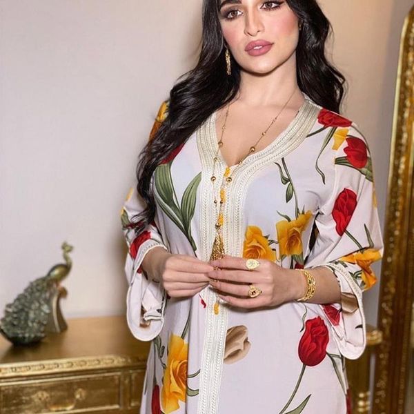 

floral print maxi long dresses jalabiya women ribbon v neck full sleeve abaya loose islam middle east morocco turkey dubai robe ethnic cloth, Red