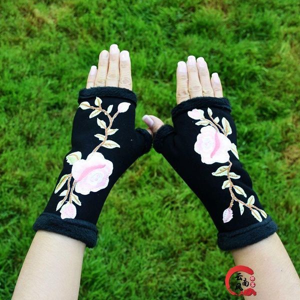

sports gloves elegant punk black cotton hand fingerless for women cycling winter embroidered womens
