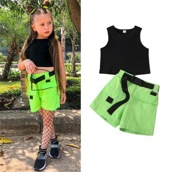 

clothing sets 1-6 years infant girls 3pcs outfits solid color round neck tank shorts adjustable belt set summer suits, White