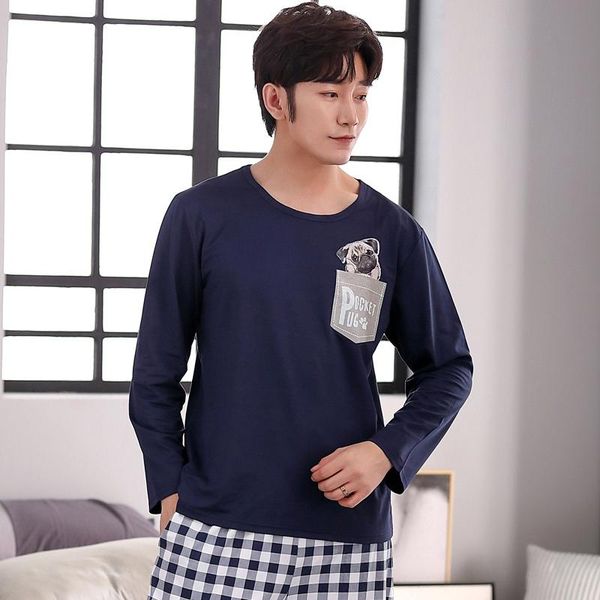 

men's sleepwear 2021 spring autumn men cotton pajamas long sleeve male pajama set pants for suit homewear 4xl, Black;brown