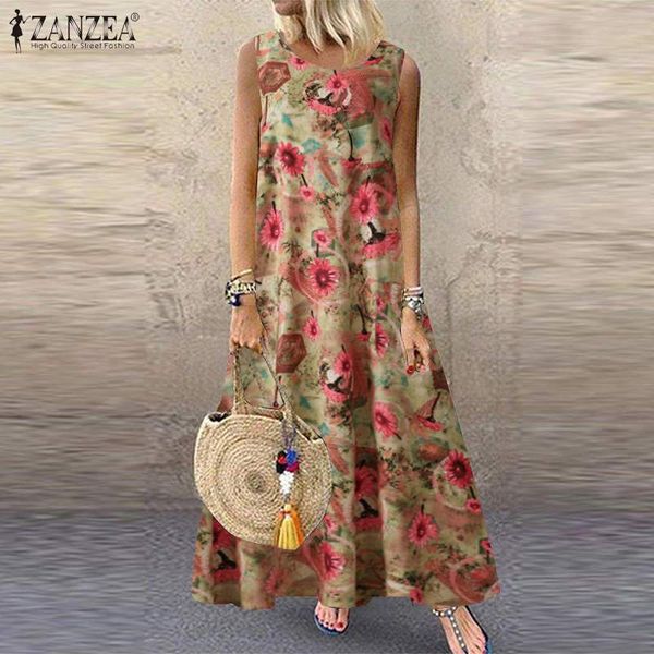 

zanzea women bohemian floral printed maxi long dress 2021 summer vintage sleeveless vestido casual loose plus size sundress x0521, Black;gray