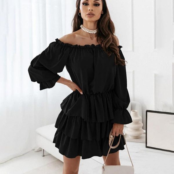 

casual dresses off shoulder mini cake dress spring long sleeve solid loose women fall black elastic waist a-line robe femme, Black;gray