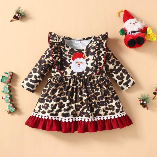 

girl's dresses baby girl clothes dress spring and autumn girls christmas santa leopard pattern long sleeve for, Red;yellow