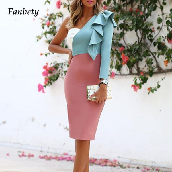 

casual dresses autumn long sleeve one-shoulder party dress strapless ruffle office lady women patchwork slim bodycon, Black;gray