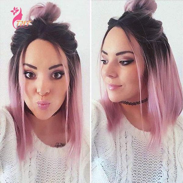 

synthetic wigs ombre pink straight shoulder length bob hair middle part daily cosplay for black women