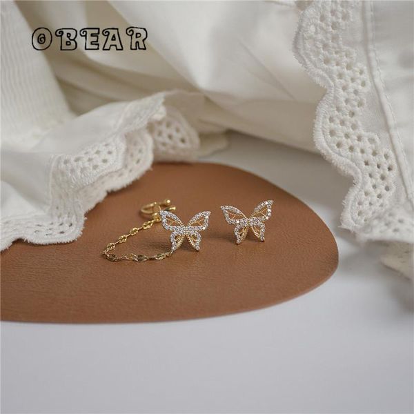 

stud obear 14k real gold plating asymmetric butterfly micro-inlaid zircon earrings women noble elegant birthday jewelry, Golden;silver