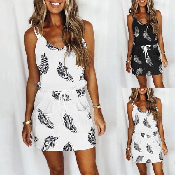 

casual dresses women's fashion dress open back comfy feather printed loose v-neck lace up pockets sleeveless strap midi, Black;gray