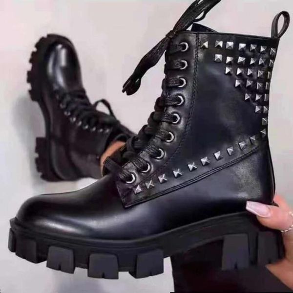 

boots 2021 women's shoes for fall/winter style rivet bright leather ankle boots, increased side zipper, Black