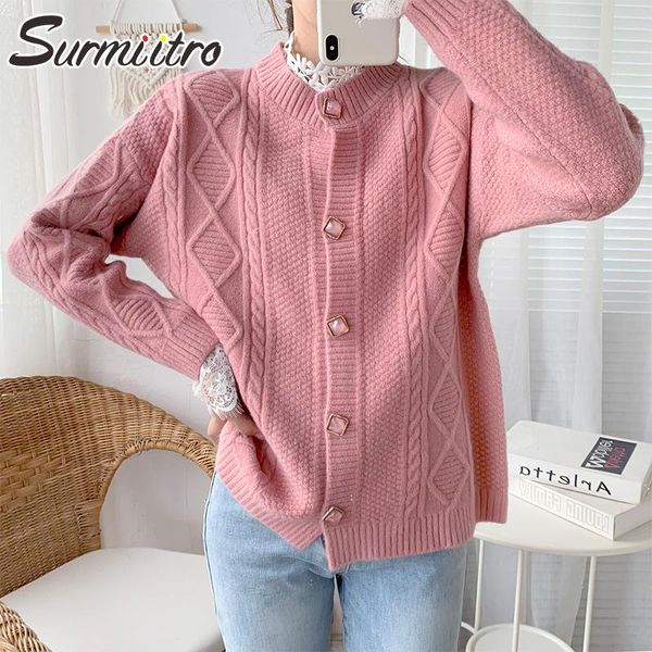 

women's knits & tees surmiitro thick twist knitted cardigan women 2021 fashion autumn winter korean style pink long sleeve female sweat, White