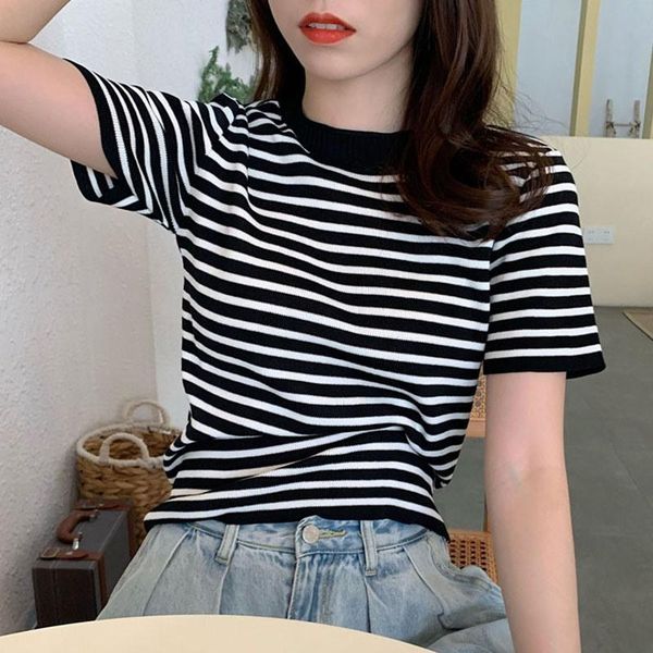 

women's t-shirt korean style casual o neck striped short sleeve slim knitted, White