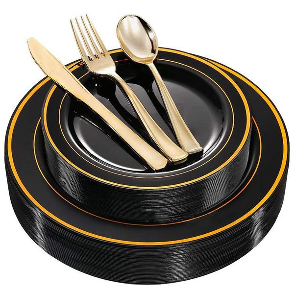 

disposable dinnerware black gold plastic plate is suitable for birthday party, outdoor dinner and western