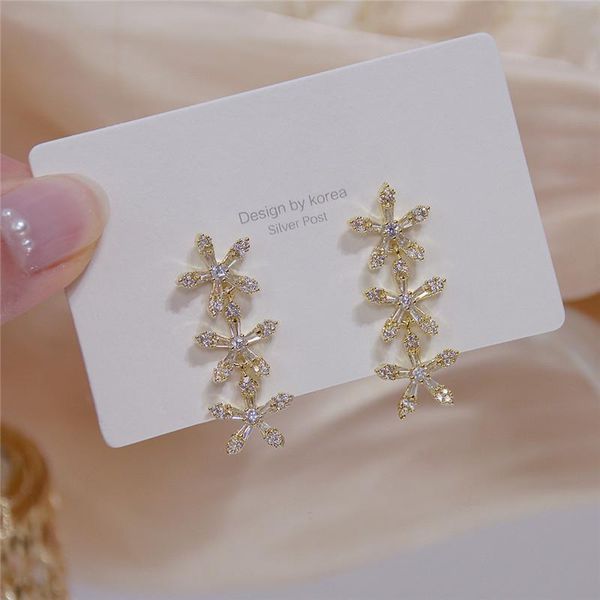 

stud s925 silver needle 14k real gold long flower temperament earrings for women cubic zircon zc gift, Golden;silver