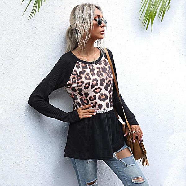 

fashion long sleeve black leopard printed woman t shirts zd056 patchwork full sleeves ladies high street slim bottom women's t-shirt, White