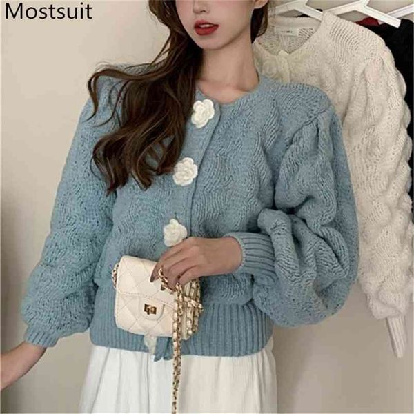 

knitted women cardigan sweater full sleeve single-breasted stereoscopic floral jumper mujer 210513, White;black