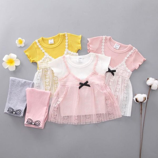 

2pcs baby girl outfit set born toddler girls clothes lace flower short sleeve summer dresses +pants infant ye03111 clothing sets, White