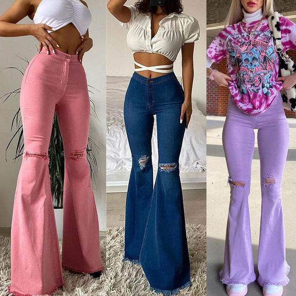 

women's jeans flare pants women vintage ladies ripped high waist hip-lift stretch trousers slim fit denim, Blue