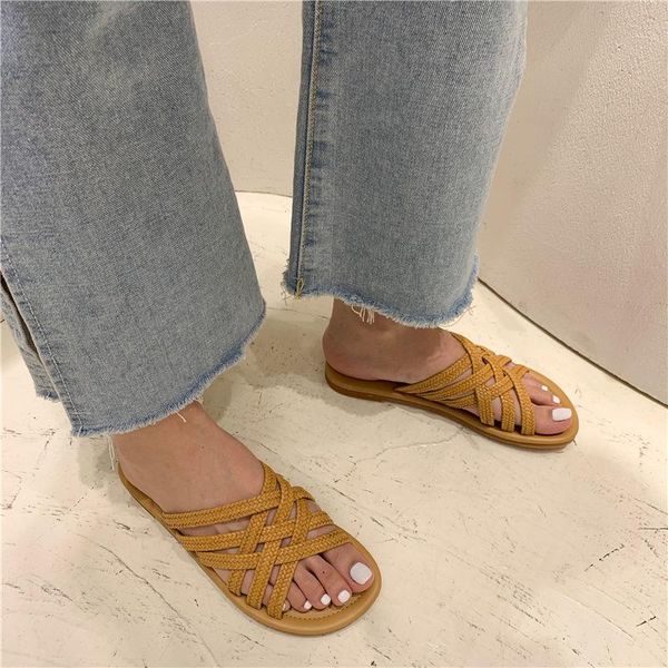 

rubber flip flops fretwork heels shoes ladies' slippers slipers women luxury slides hawaiian 2021 flat designer cross-tied fabri, Black