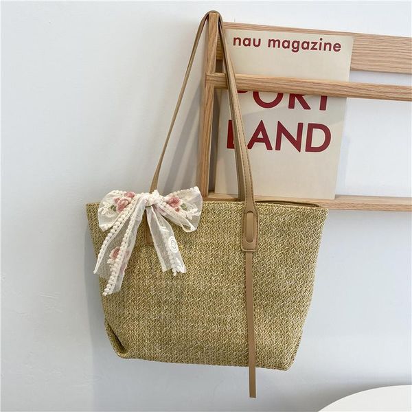 

storage bags female single-shoulder bag, adults multipurpose lace bowknot handbag straw bag for girls, khaki/beige